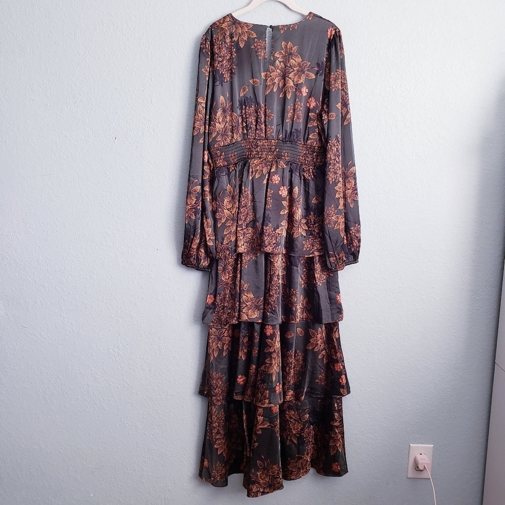 Baltic Born Olive Floral‎ Montrouge Tiered Satin Dress - Picture 5 of 5